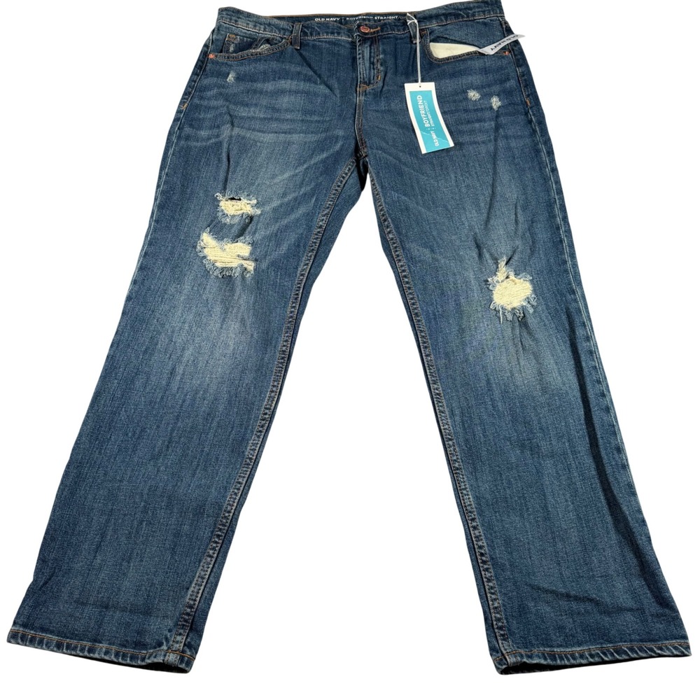 Old Navy Boyfriend Straight Jeans Women 12 Blue Distressed Ripped Denim NEW